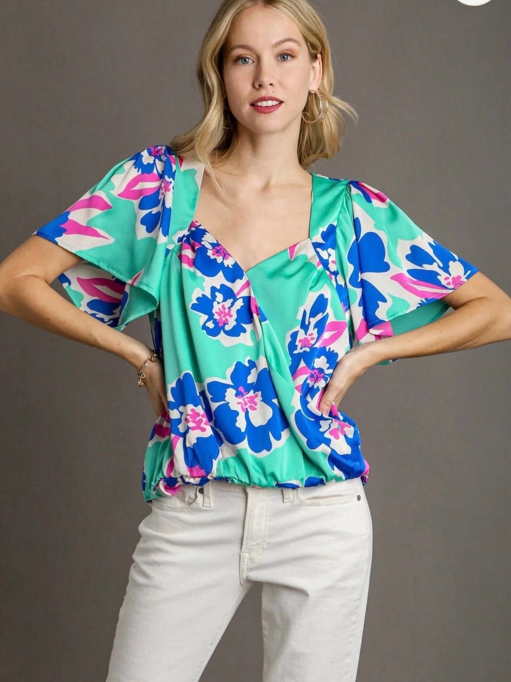 Umgee Aqua Floral Wrap Top with Blue and Pink Accents
